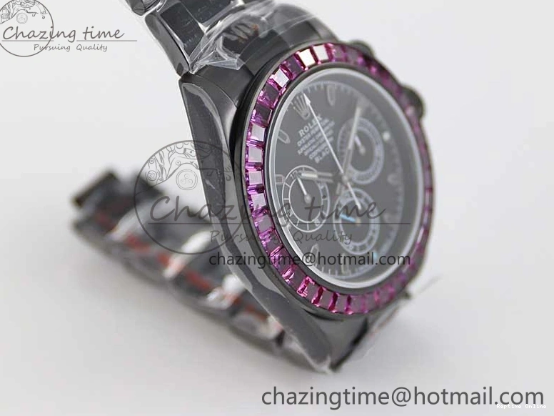 0223 Daytona All Black PVD TWF Best Edition Purple Diamonds Bezel Black Dial on PVD Bracelet SA Lightweight 2446